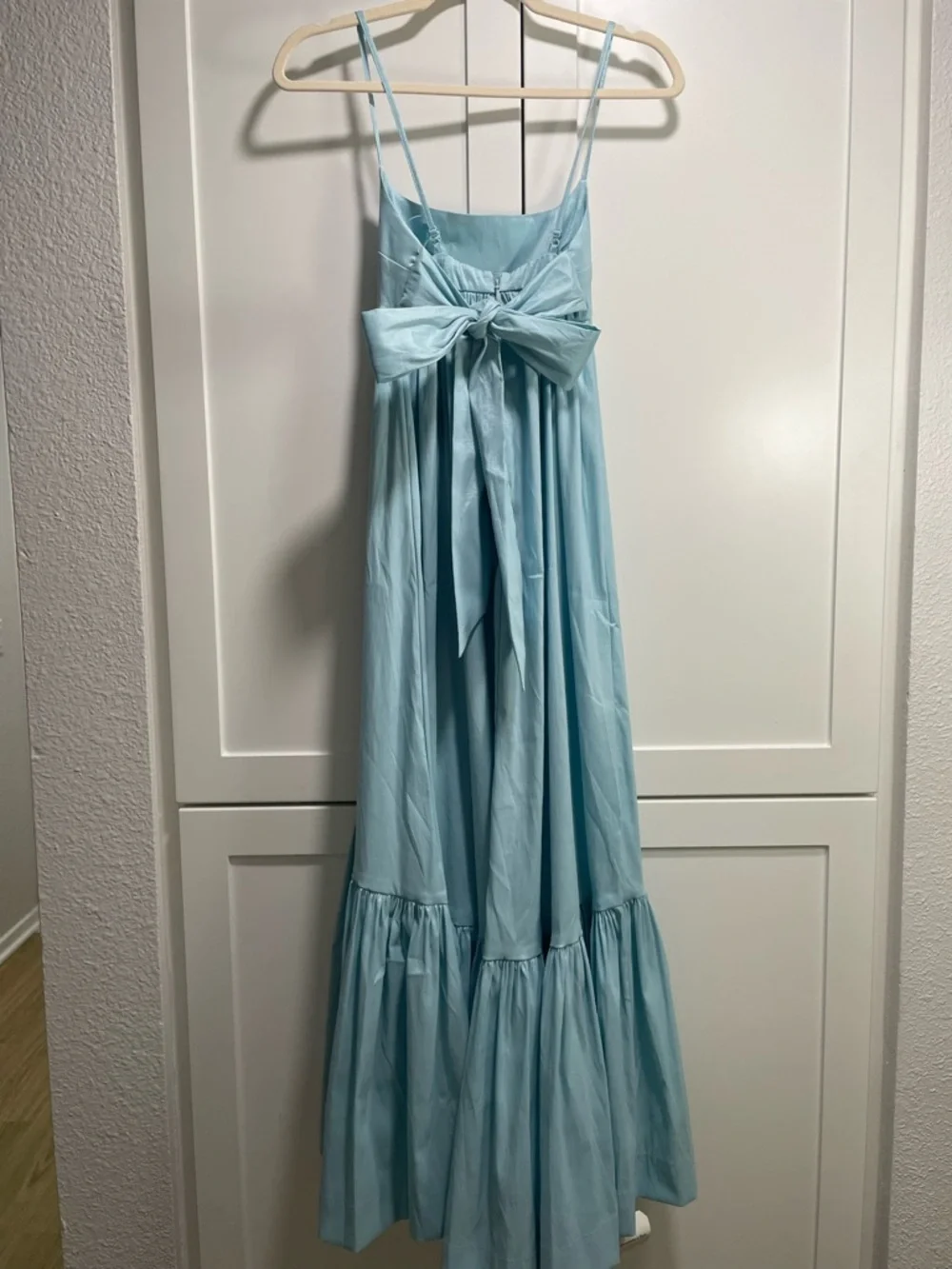 A&F Drama Bow-Back Taffeta Maxi Dress Light Blue Summer Wedding Modern Romantic